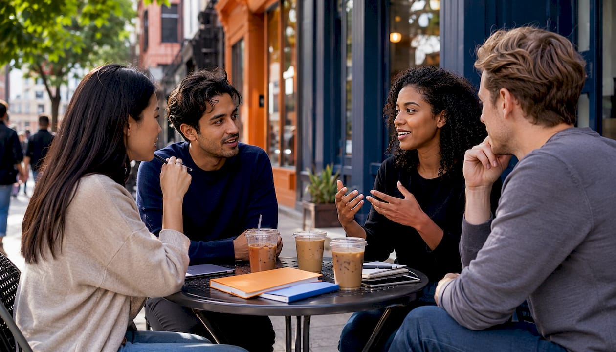 Startup founders networking in café