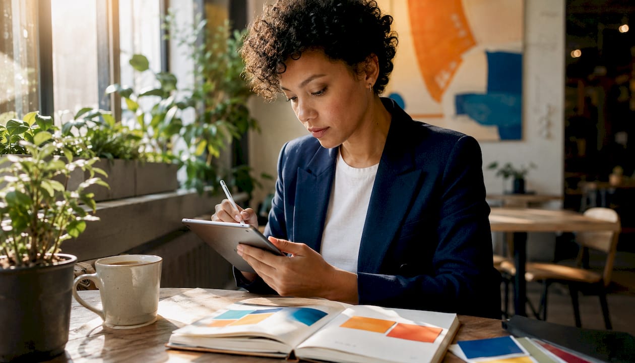 Woman designing call-to-action button at desk