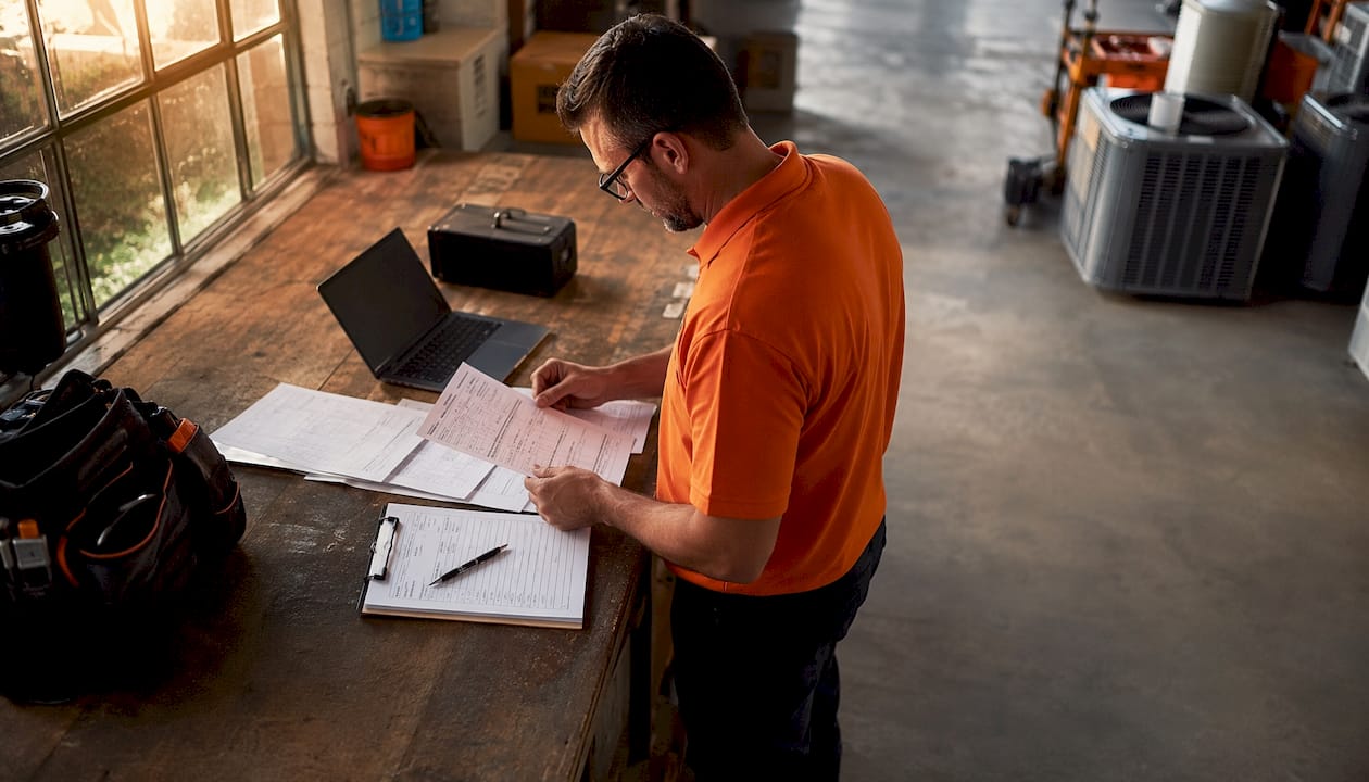 HVAC owner reviewing customer feedback forms