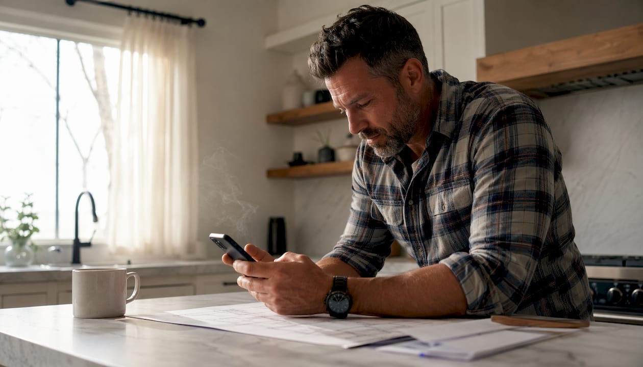 Contractor checking mobile site in office