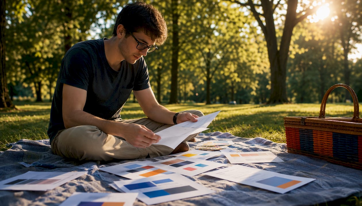 Man reviewing call-to-action test materials at desk