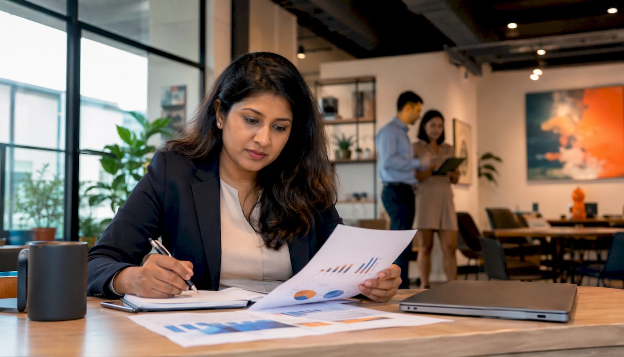 Woman analyzing marketing data at home office