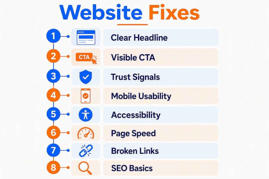 Infographic showing 8 key website fixes for small businesses