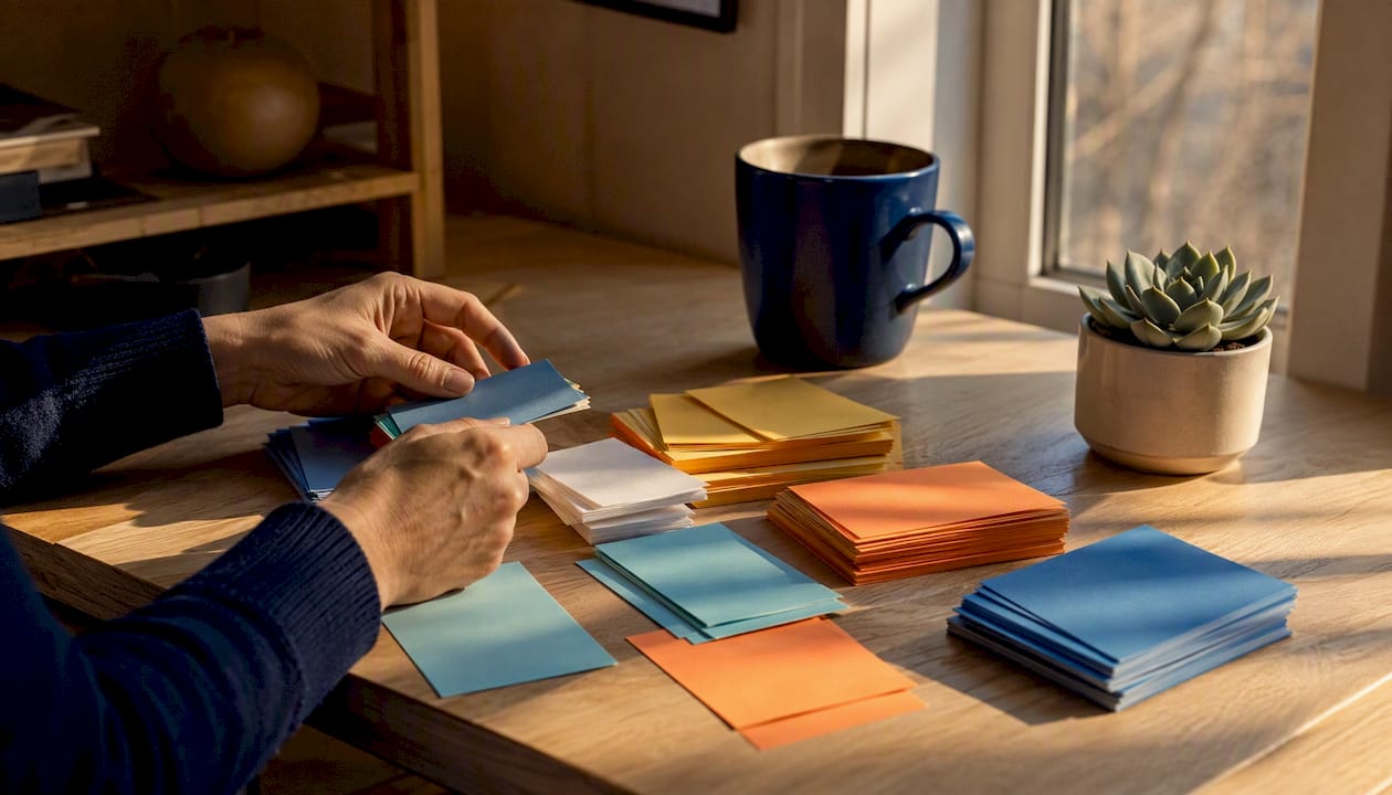 Hands organizing task cards on desk