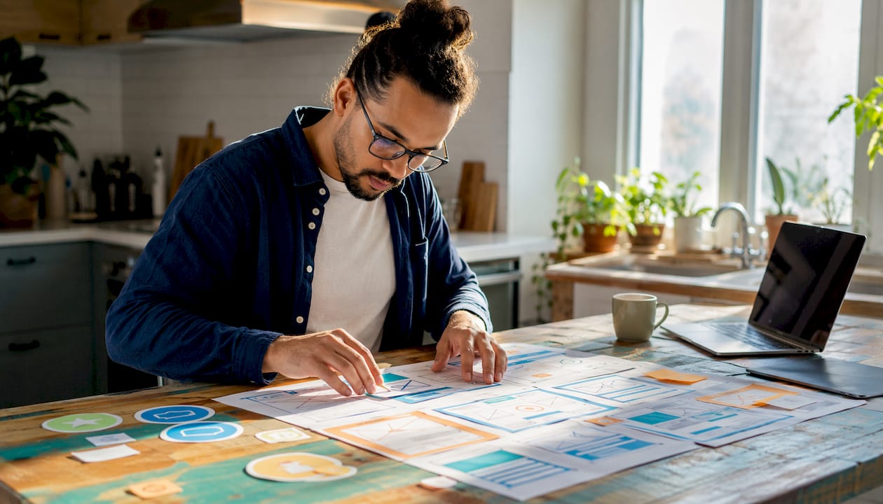 Designer arranging website trust signals on layout board