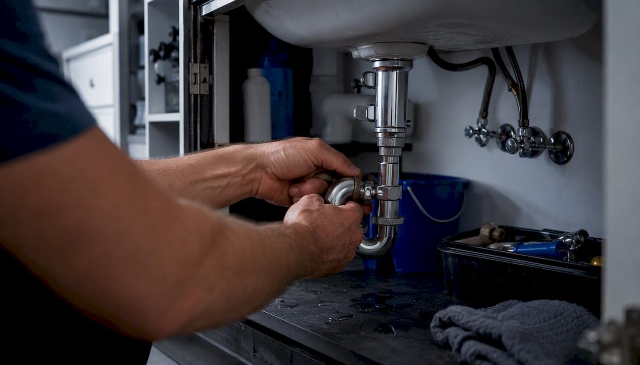Plumber hands cleaning drain pipe under sink