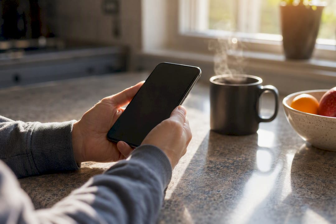 Hands holding smartphone in home setting