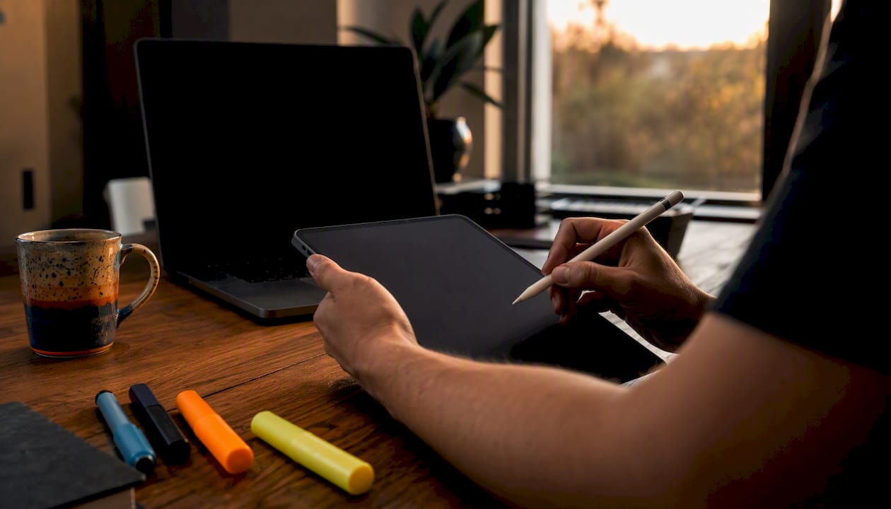 Hands outlining blog post structure on tablet