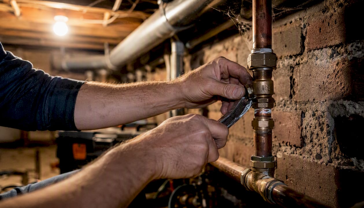 Plumber adjusting pipe fitting in basement