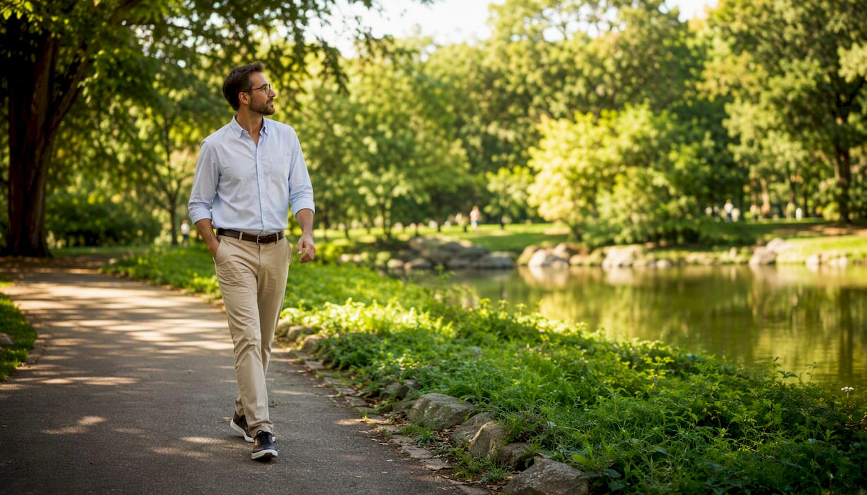 Business owner walking outside for stress relief