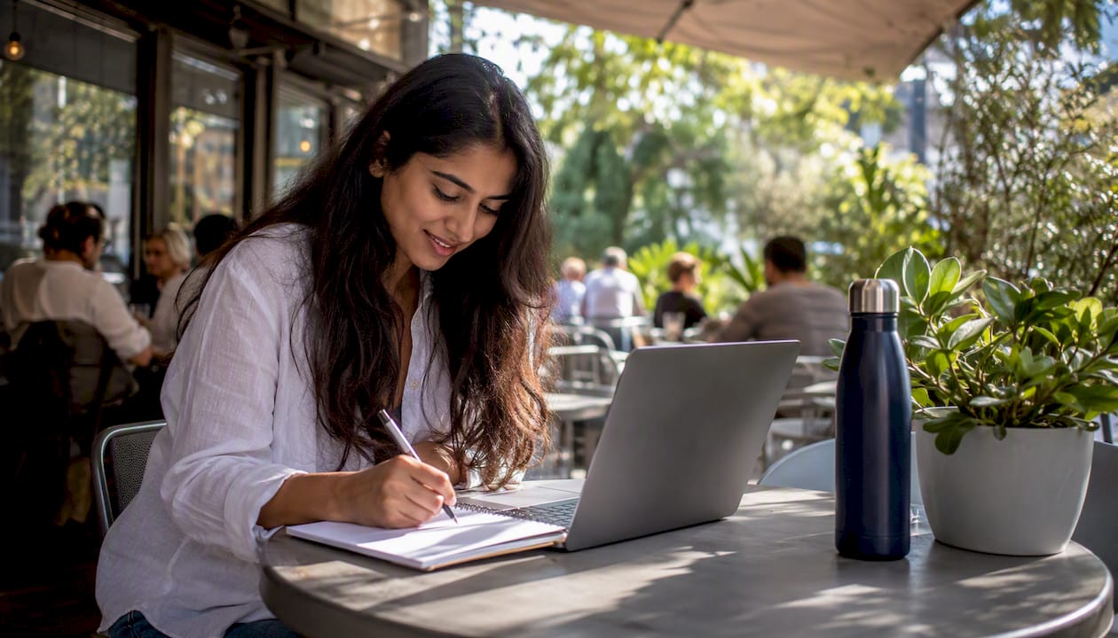Woman brainstorming SEO keywords at desk