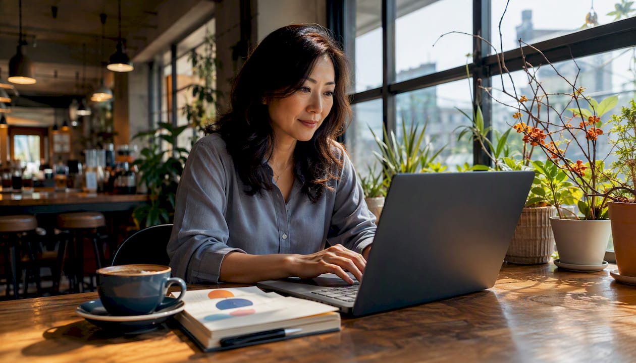 Woman using laptop searching online