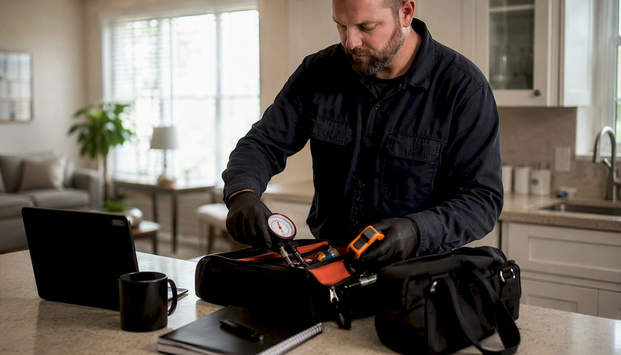 Technician preparing inspection tools for real estate partner