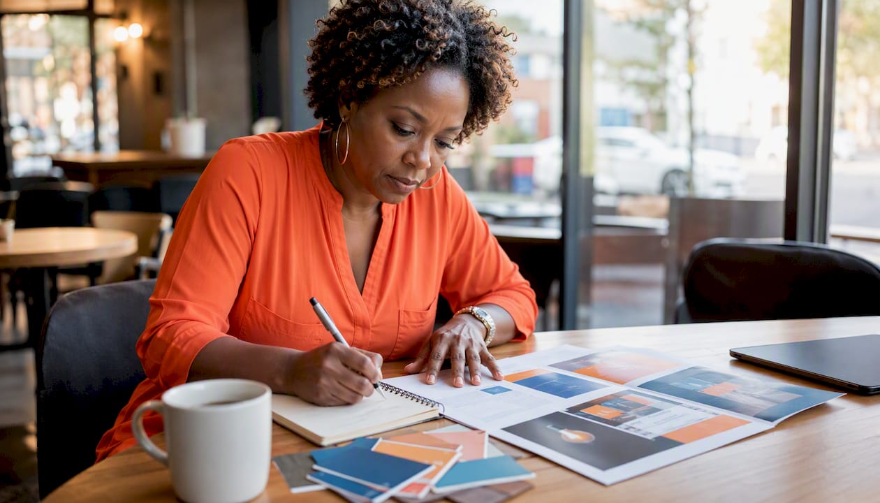 Woman writing brand notes at desk