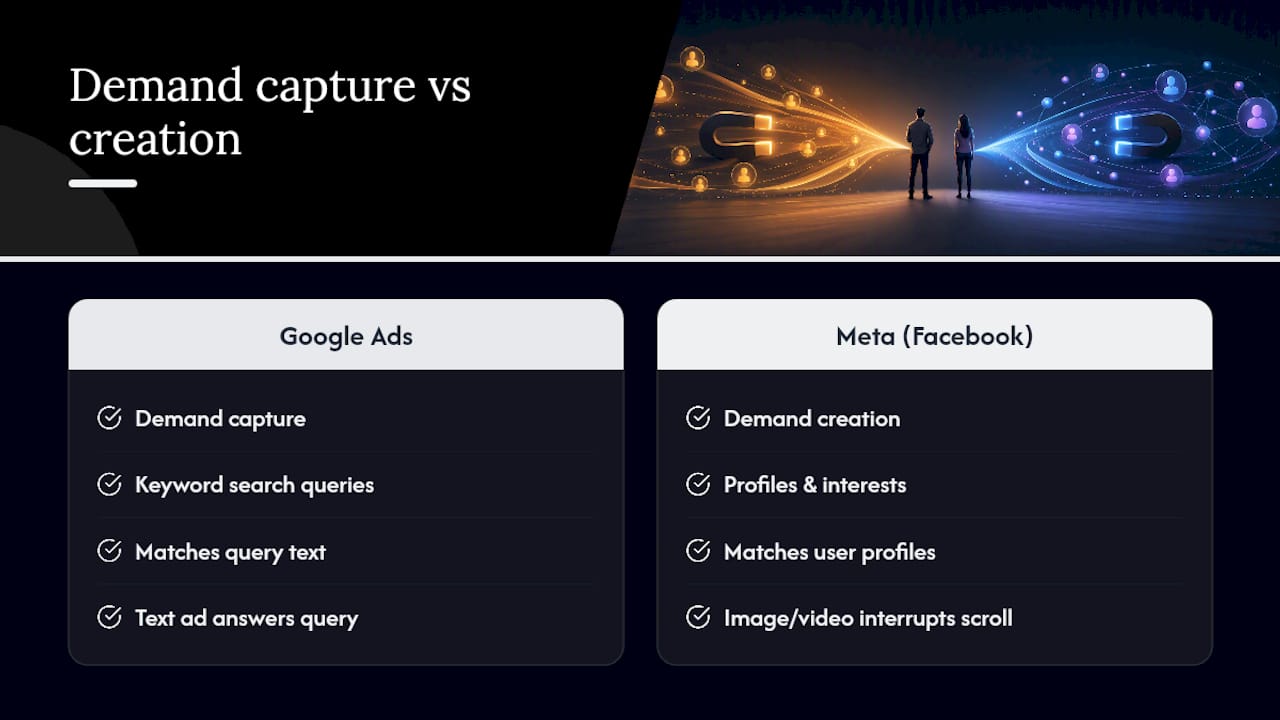 Diagram comparing Google Ads and Facebook Ads approaches