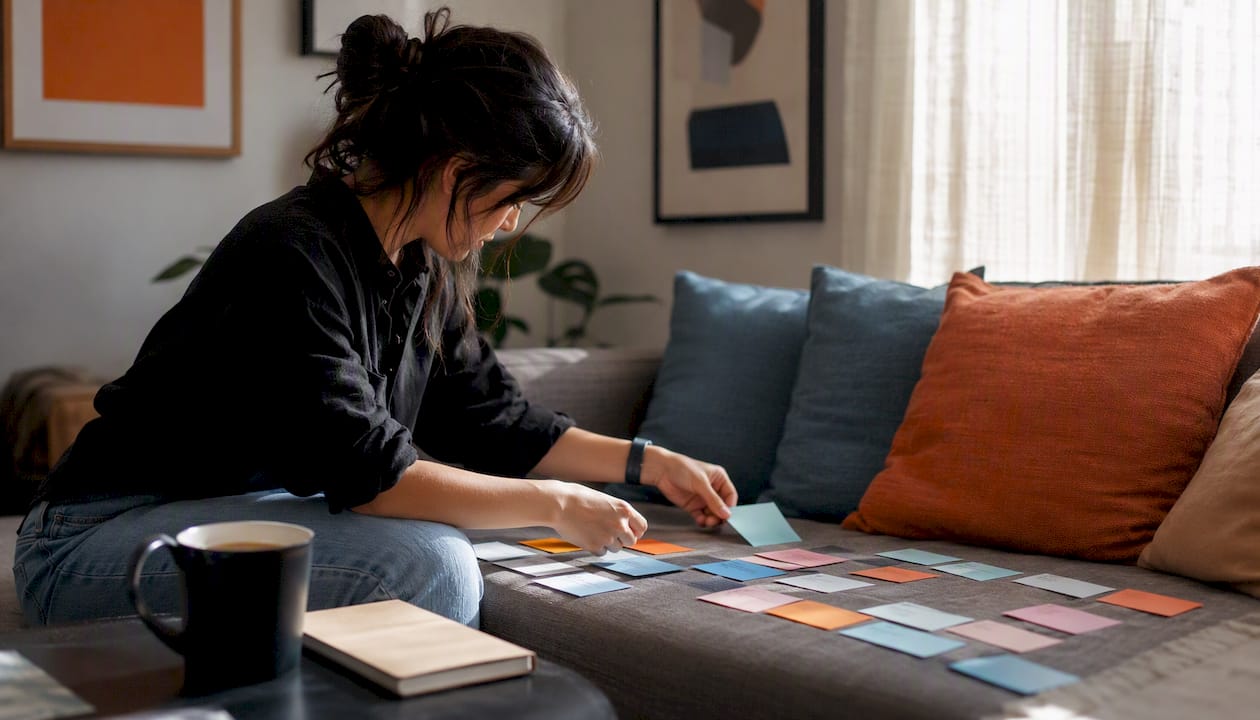 Hands arranging topic cluster cards for SEO