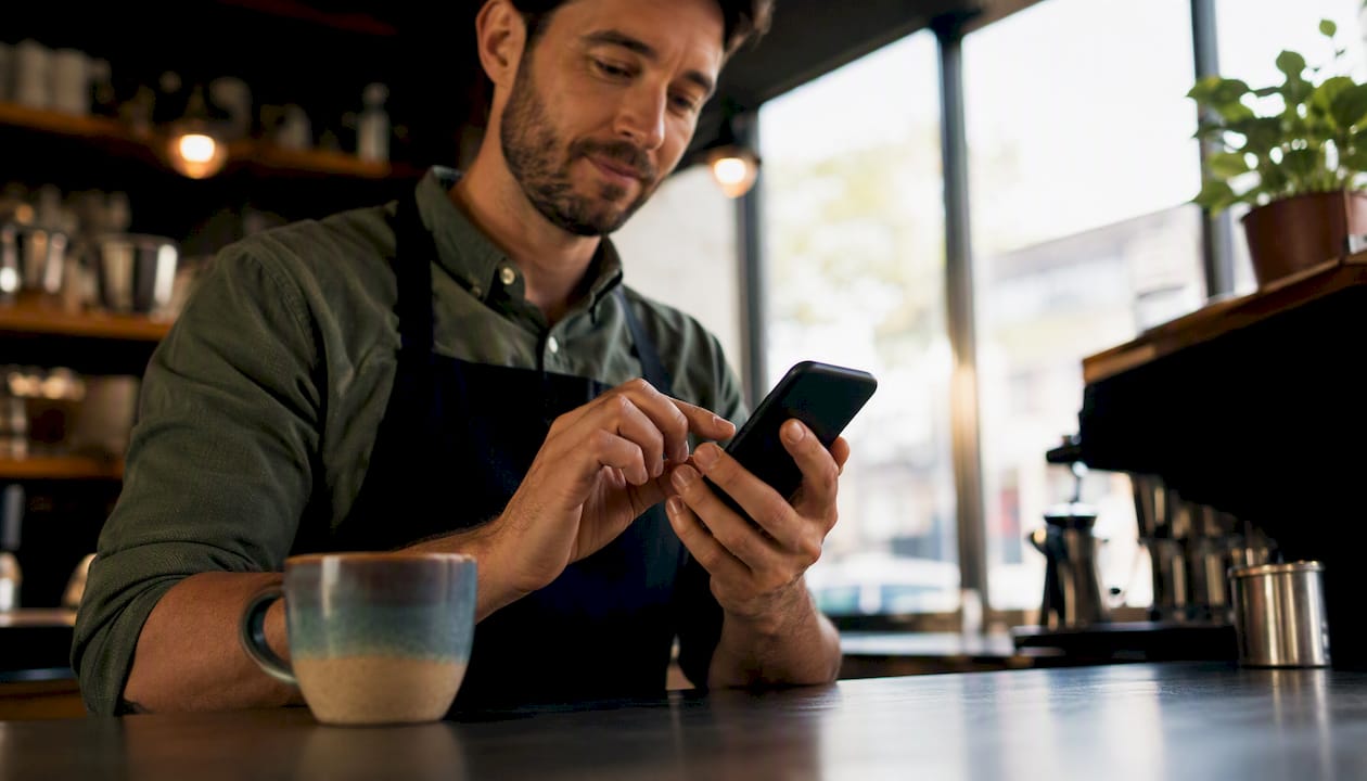 Hands sending review request on smartphone