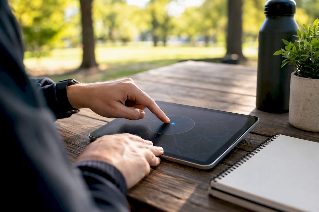 Hands adjusting location radius on tablet