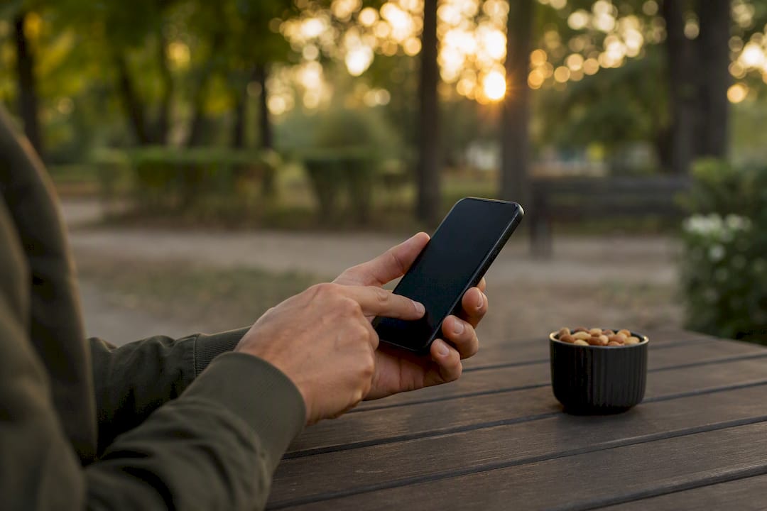 Hand replying to online review on smartphone