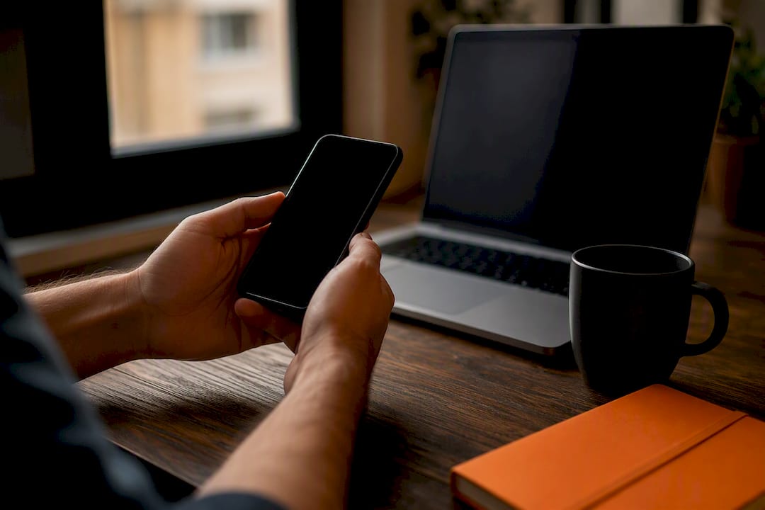 Hands holding smartphone over desk