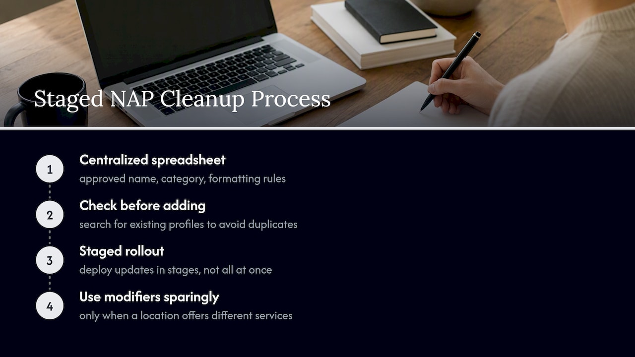 Staged multi-location NAP cleanup process