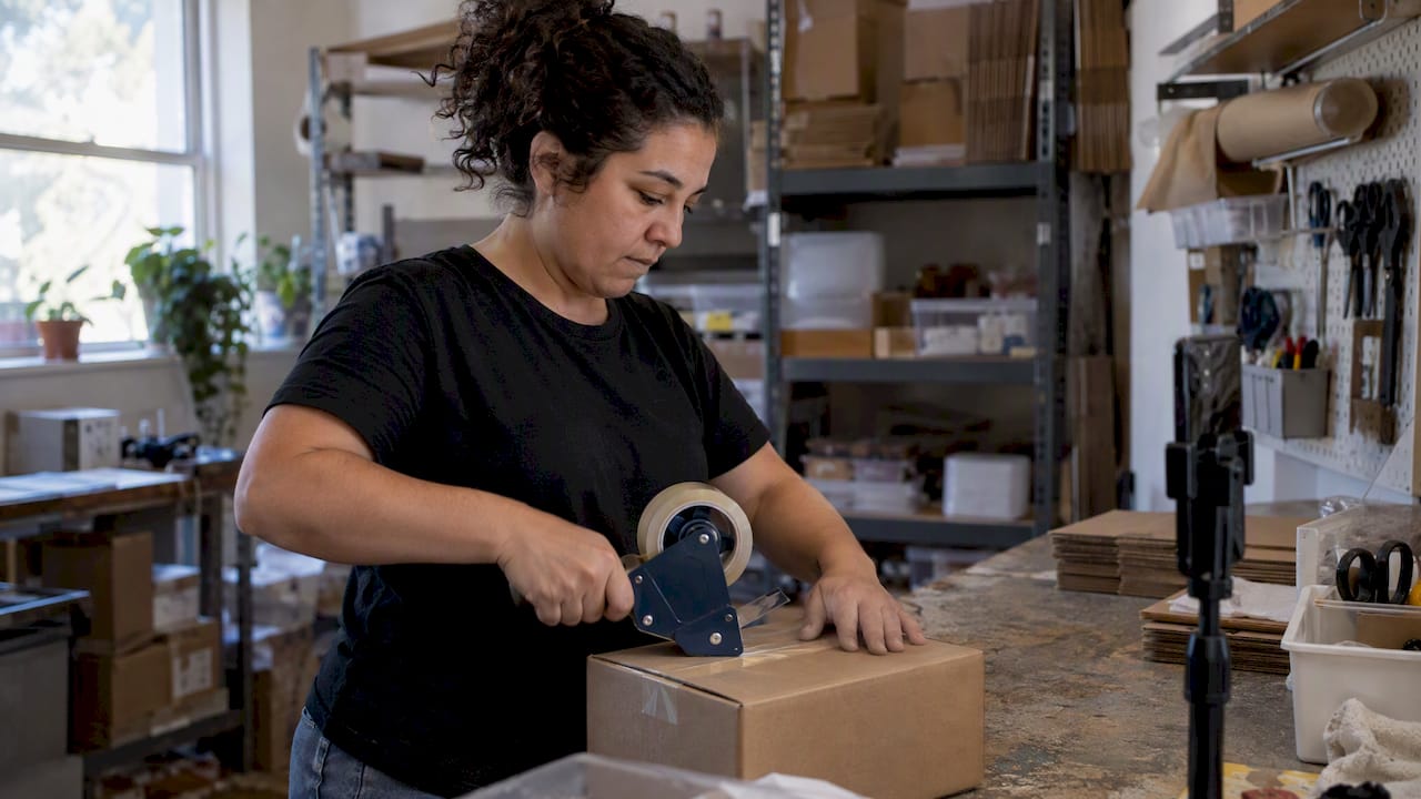 Shop owner films while packing a customer order